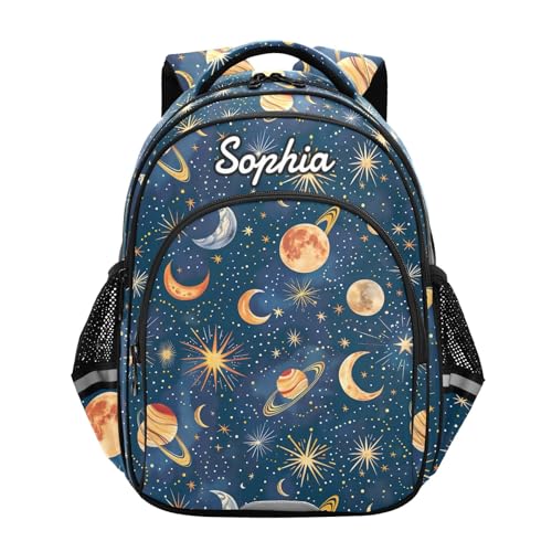 CHIFIGNO Mochila escolar personalizada para crianças com nome personalizado, colorido, estrelas, luas, planetas, azul, mochila escolar personalizada