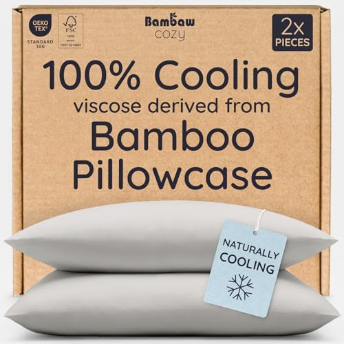 Bambaw 100% Viscose Derived from Bamboo Pillowcases Standard Size Set of 2 Cooling Pillow Cases Standard Size Super Soft Pillow Cases with Envelope Closure Anti Acne Pillow Case (Moonlight Gray)