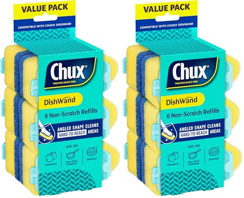 Chux Dishwand Sponge Scourer Refills, Non-Scratch and Angled, 6 Count (Pack of 2)