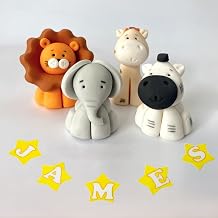 Edible Safari Animals Cake Toppers - 3D Sugar Fondant Figure - Kids Birthday Decorations - Handmade Present - Jungle Lion, Elephant animals + name