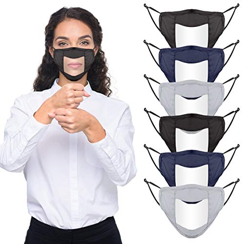 Upgraded Anti-fog 6pcs Cotton Face Covering with Clear Window- Mouth Guard Reusable Unisex Mouth Face Covers Outdoor Facial Protection Visible Expression for The Deaf and Hard of Hearing (Black,Navy &Grey)