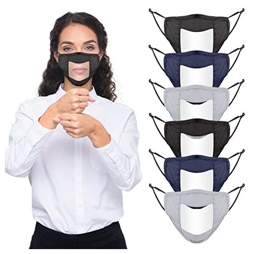 Upgraded Anti-fog 6pcs Cotton Face Covering with Clear Window- Mouth Guard Reusable Unisex Mouth Face Covers Outdoor Facial Protection Visible Expression for The Deaf and Hard of Hearing (Black,Navy &Grey)