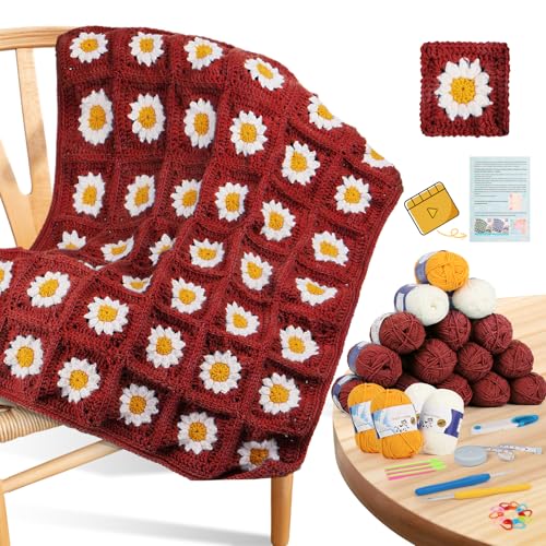 Image of Coopay Crochet Kit for Beginners, Granny Square Crochet Blanket Kit, Red | Crochet Kit W /Video Tutorial & Digital Instructions, All Accessories Included, Easy Knitting to Create Granny Square Blanket
