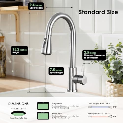 Jlerli Kitchen Faucet with Pull Down Sprayer, High Arc Brushed Nickel Single Handle Kitchen Sink Faucet, Stainless Steel, 3 Mode(Stream/Spray/Pause), 360° Swivel, Grifos para Fregaderos de Cocina
