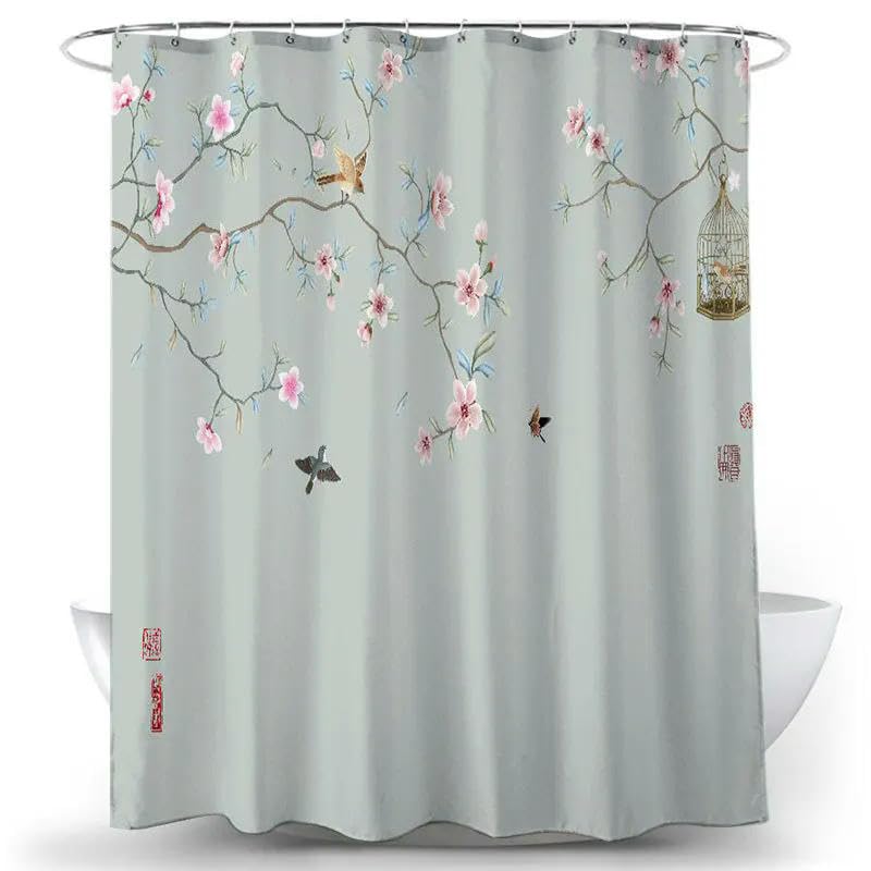 TEWAX Duschvorhang im chinesischen Stil, Blume, Vogel, wasserdicht, Badezimmervorhang, 3D-bedruckter Stoff mit Haken, Dekoration