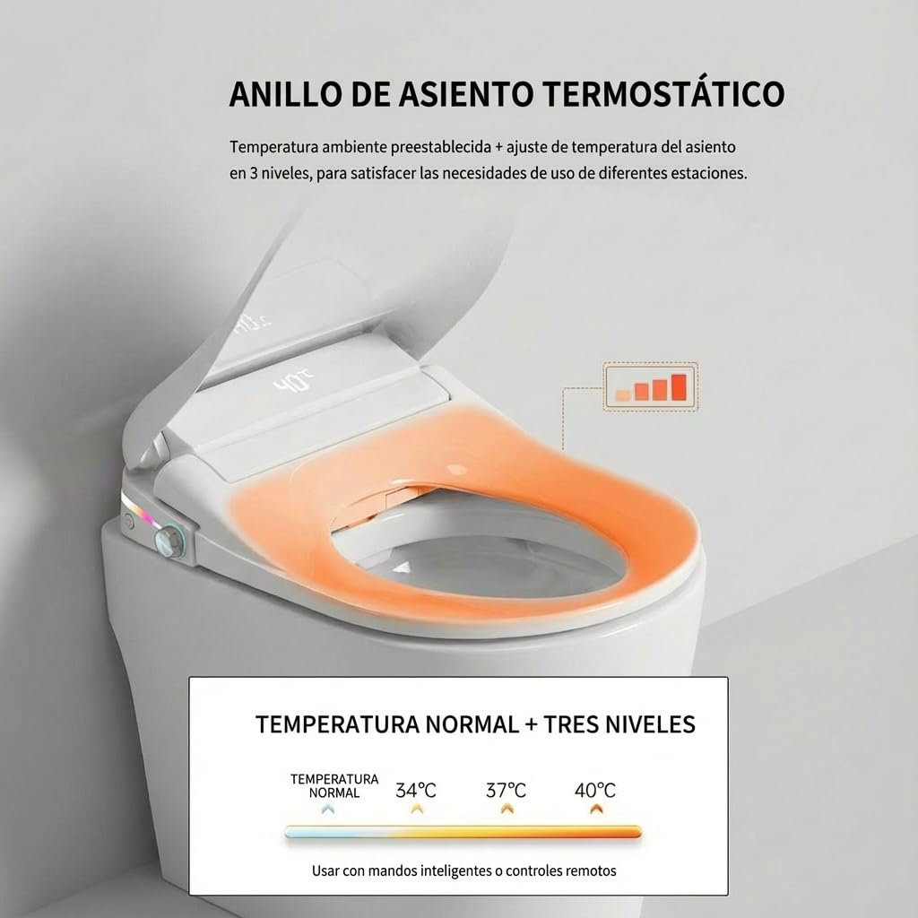 Abattant WC intelligent - Siège WC japonais avec jet d'eau et séchage - Bidet électrique avec siège chauffant, lumière nocturne et télécommande - Installation universelle, chute amortie (Bl