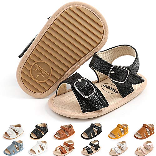 FEAMODAL Infant Baby Boys Girls Sandals Summer Outdoor Soft Rubber Sole Anti-Slip Toddler Flats First Walker Crib Shoes(03 Black, 6-12 Months)