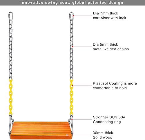 Miniatura 4 de SELEWARE Juego de columpio de madera, asiento de columpio de madera con cadena, juego de columpio de madera, accesorios de asiento para adultos y