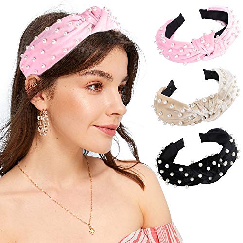 Pearl Headbands for Women Knotted Headband with Pearls Wide Headbands Vintage Twisted Headwear for Girl Woman Hair Accessories 3 Pack