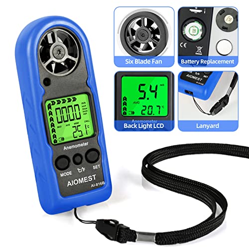 AIOMEST Digital Anemometer, Mini Wind Speed Meter Air Flow Gauge Measuring Wind Velocity Temperature, Handheld Velometer AI-816B with Max/AVG/Current Wind Chill for HVAC Shooting Sailing