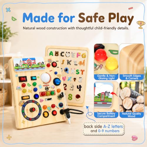 Image of Busy Board with LED Light Switches, Montessori Toys for 1 2 3 Years Old, Toddlers Wooden Toy Sensory Activity Board, Travel Toys for 1+ Year Old Boy & Girl Birthday Gift (School)