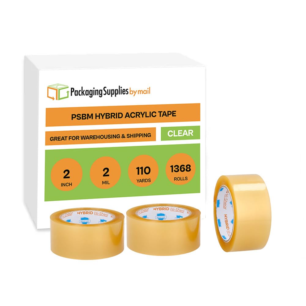 PSBM Acrylic Packing Tape, 2 Inch x 110 Yards, 1368 Pack, Clear, 2 Mil, Packaging Tape for Dispenser Refill, Moving, Storage, Shipping