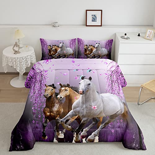 Boys Horse Twin Size Comforter Set Cherry Blossom Branches Steed Kids Women Lavender Purple Bedding Set Girls Teens Galloping Horse Comforter 3D Wild Animal Decor Quilt Set Bedroom Collection 2Pcs