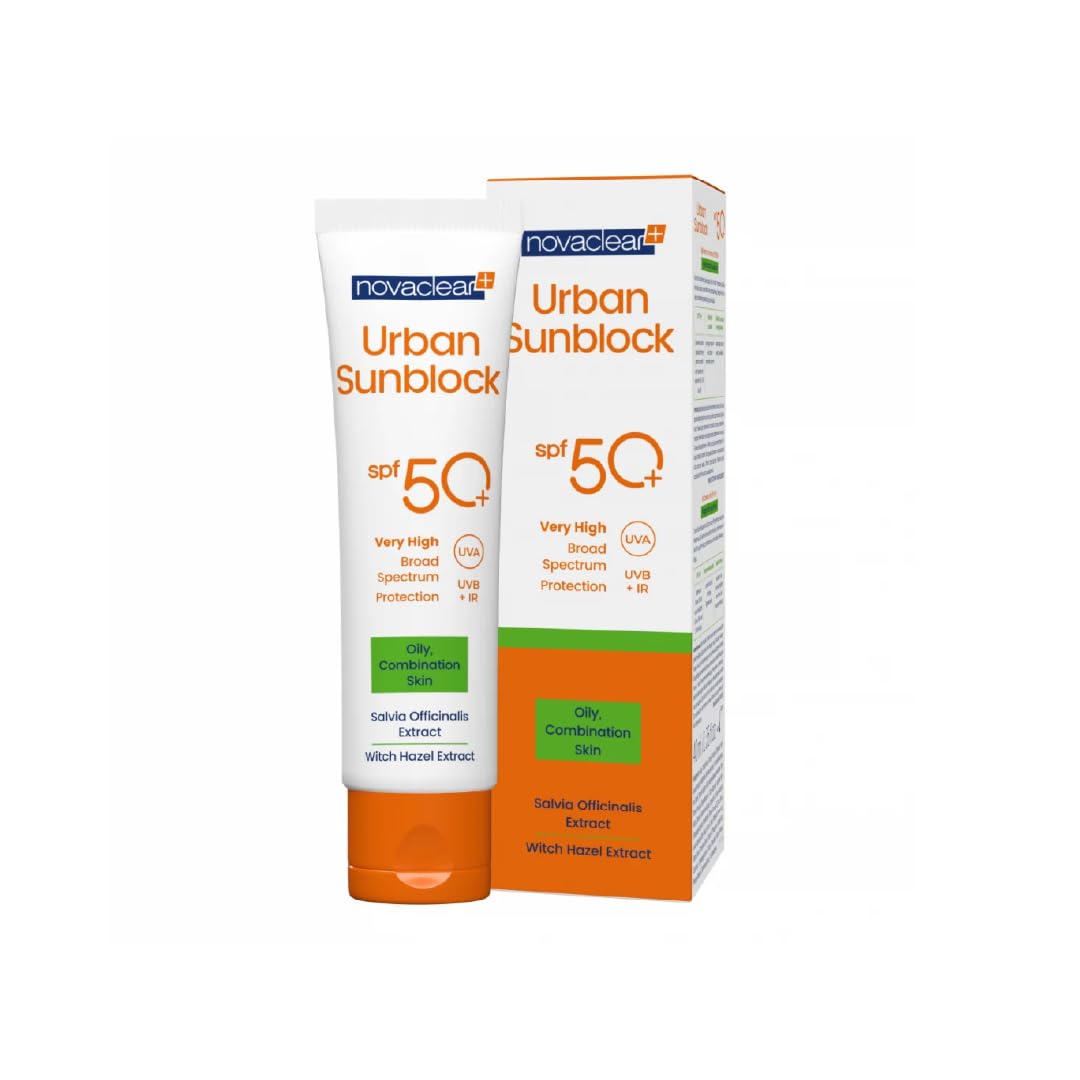 Urban Sunblock SPF 50+ for Oily Skin – Oil Control, Broad Spectrum UV Protection Sunscreen with Sage & Witch Hazel – No White Cast – Fragrance-Free, Fast-Absorbing – 40ml