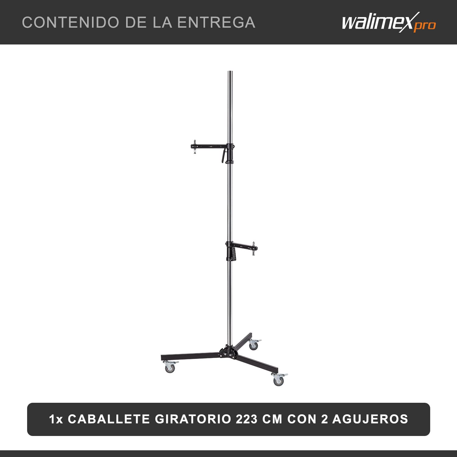 Walimex pro Trípode móvil 223 cm - Trípode de estudio robusto con 2 soportes de abrazadera que se pueden mover rápidamente y ruedas estables, cargable hasta 12 kg - adecuado para la diversa fijación