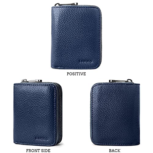 Image of LINNO RFID 20 Card Slots Credit Card Holder Genuine Leather Small Card Case for Women or Men Accordion Wallet with Zipper, Dark Blue,
