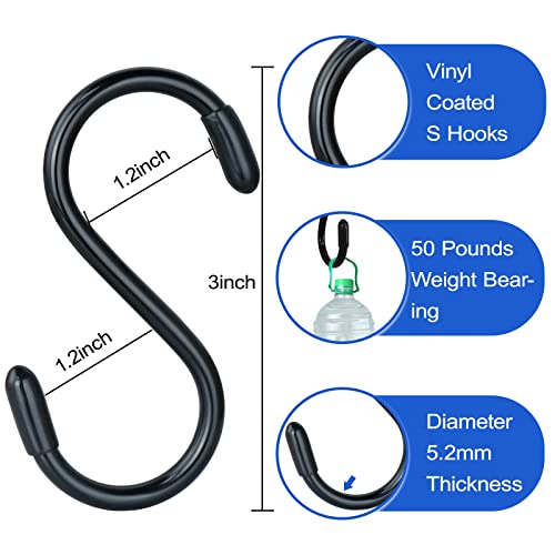 3 Inch Vinyl Coated S Hooks,S Hooks For Hanging Plants ,10 Pack Non Slip Heavy Duty S Hooks ,Small Rubber Coated Steel Metal Black Closet S Hooks For Hanging Jeans Plants Jewelry Pot Pan Cups Towels #TOP1