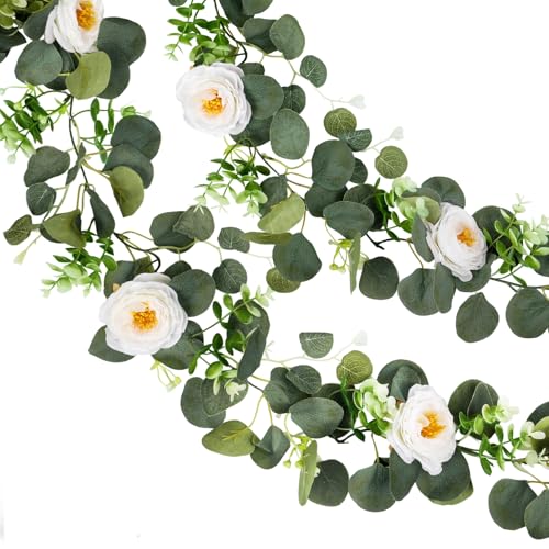 Woltoy 2 Pcs 5.9FT Artificial Flower Garland Artificial Eucalyptus Garland with White Roses Silk Flowers Greenery Vine for Weddings Parties Stairs Door Frame Decorations