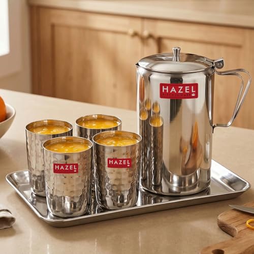 Image of HAZEL Stainless Steel Drinkware Set of 6 | Water Jug with Lid 1800ml, 4pc Hammered-Style Glasses 350ml & Serving Tray | Shiny Finish Tableware Combo for Home & Office Use