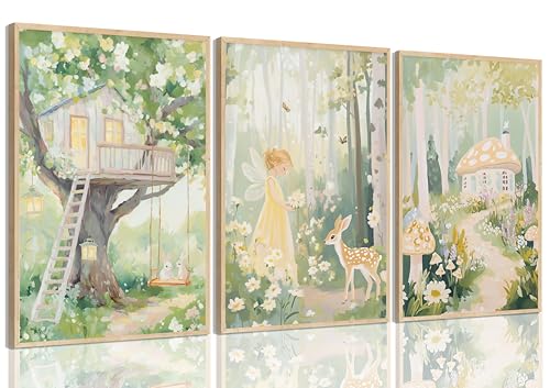 Image of Baby Girl Nursery Canvas Wall art Cute Woodland Fairy Posters Fantasy Forest Animals Pictures Wall Decor Magic Mushroom Tree House Bunny Deer Watercolor Paintings Prints for Girls Room Bedroom Decor