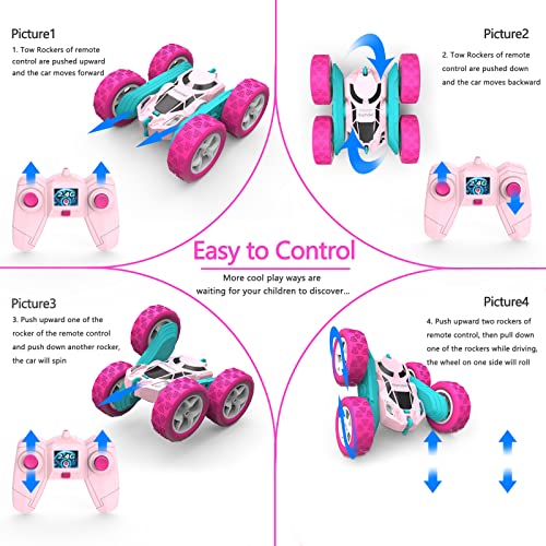Image of Hamdol Pink Remote Control Car for Girls, 360 Flipping Stunt Car with LED Headlights, Rechargeable 4WD Electric Toy Vehicle, Princess Gift for 6 7 8 9 10 11 Year Old Girls, Birthday & Christmas Toy