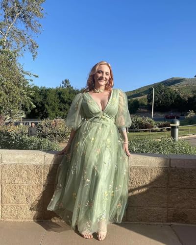 Fivsole Women's Short Puff Sleeve Prom Dress Flower Embroidery Floral Tulle Formal Evening Party Gowns3