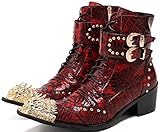 Santimon Mens Genuine Leather Ankle Oxfords Boots with Dragon Metal Pointed Toe – Gothic Punk Double Buckle Lace-Up Studded High Top Cowboy Western Boots for Stage, Party, Bar Dark-Red 10 US