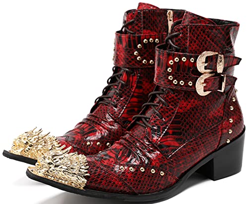 Santimon Mens Genuine Leather Ankle Oxfords Boots with Dragon Metal Pointed Toe – Gothic Punk Double Buckle Lace-Up Studded High Top Cowboy Western Boots for Stage, Party, Bar Dark-Red 10 US