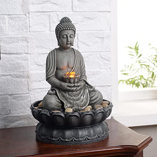 Gossi 11.2 In Tall Indoor Tabletop Buddha Fountains Desk Water Fountain Sitting Buddha Fountain Zen Fountain W/ Reflective Lighting/Cobblestone Office And Home Decor #TOP4