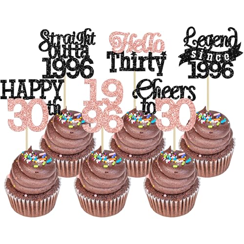 Gyufise 24Pcs Happy 30th Birthday Cupcake Toppers Hello Thirty Legend Since 1996 Cupcake Picks Cheers to 30 Years Cake Decorations for 30th Birthday Anniversary Party Supplies Black Rose Gold