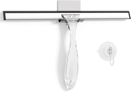 ممسحة دش AmazerBath للأبواب الزجاجية، ممسحة لجميع الأغراض مع خطاف شفط وخطاف لاصق، ممسحة شفافة لزجاج الدش والنوافذ والمرايا والبلاط ونوافذ السيارات - 12 بوصة، واضحة