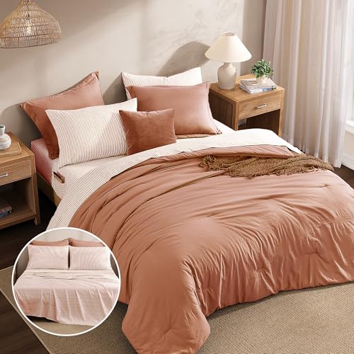 Image of Monbix Full Size Comforter Sets-7 Pieces Soft Bed in a Bag Full Bedding Set | All SeasonAutumn Leaf Prewashed Comforter Bed Set with Striped Sheets, Pillowcases & Shams