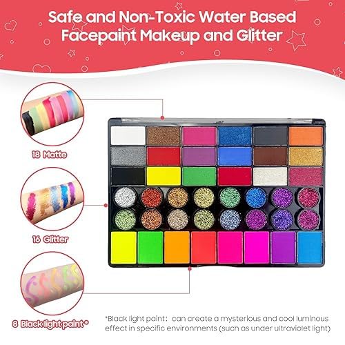 Image of Professional 42 Color Face Painting Kit For Kids And Adults | Non Toxic Water Activated Face Paint Palette With Uv Glow And Glitter Colors | Includes Brushes Stencils Gems