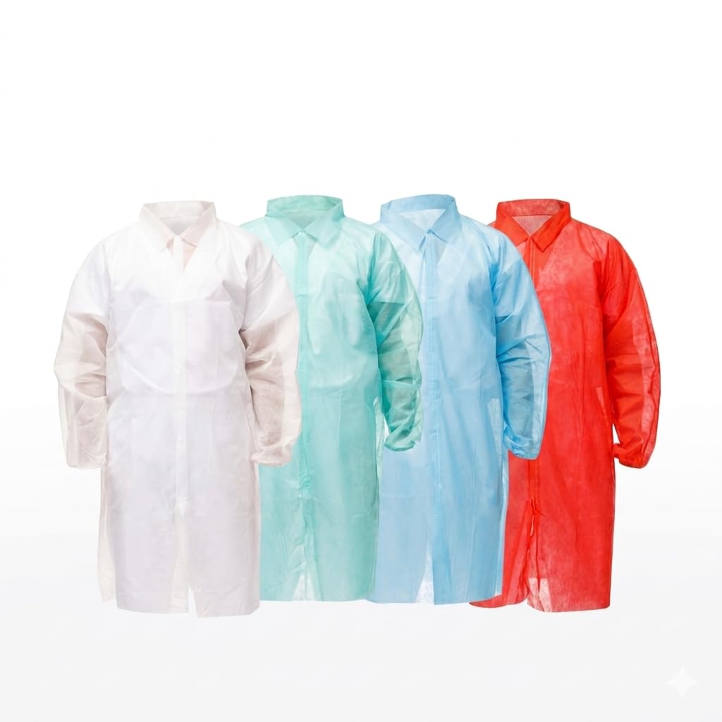 100 uds Batas desechables PP 30g XL sin bolsillos, transpirables, hipoalergénicas, colores blanco azul verde rojo, uso sanitario y protección profesional (Rojo)