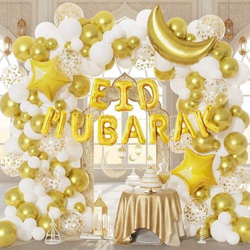 Image of Eid Mubarak Decorations, Ramadan Decorations for Home, 131Pcs White Gold Confetti Balloons Arch Garland Kit with Eid Mubarak Moon Star Foil Balloons for Eid al-Fitr Party
