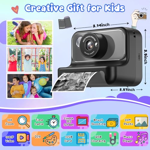 Image of Kids Camera Instant Print, Christmas Birthday Gifts for Girls and Boys | Kids Camera 1080P HD Video Digital Camera, Toddler Toy for 3-12 Years Old, Black