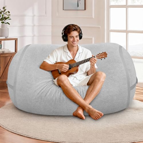 Image of 4FT Bean Bag Chair 4'Big Bean Bag Chairs with Adults, Large Beanbag Chair | Bean bag Lounger with Machine Washable Cover Luxurious Velvet Fabric, Comfy Chairs for Living Room, Bedroom, Dorm, Lightgrey