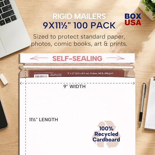 Image of BOX USA Rigid Mailers 9 x 11 (100-Pack) - Cardboard Mailer Envelopes for Photos, Important Documents, Certificates - Stay Flat