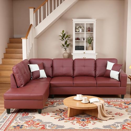 Image of L-Shaped Sectional Sofa, Modern 4-Seat Couch with Left Facing Chaise, Leather Sectional Couch for Living Room, Apartment, Office, Dark Red