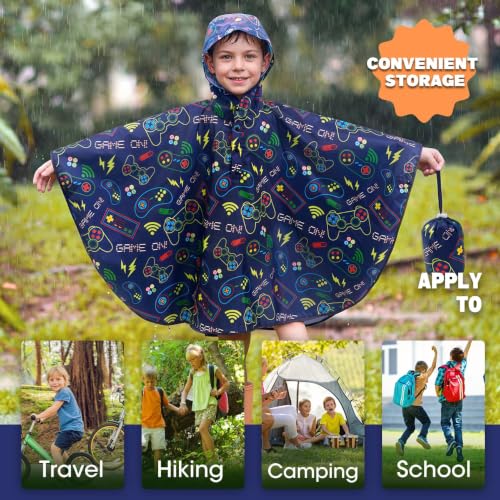 Image of WAWSAM Lightweight Rain Poncho Kids, Ponchos for Kids Waterproof Reusable Hooded, Kids Poncho Rain Jacket