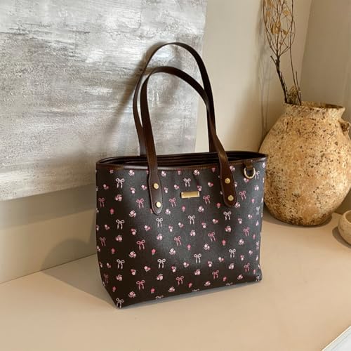 Image of hibear Cherry Print Tote Bag for Women Bow Shoulder Handbag Trendy Faux Leather Top-Handle Bag with Cherry Accessories