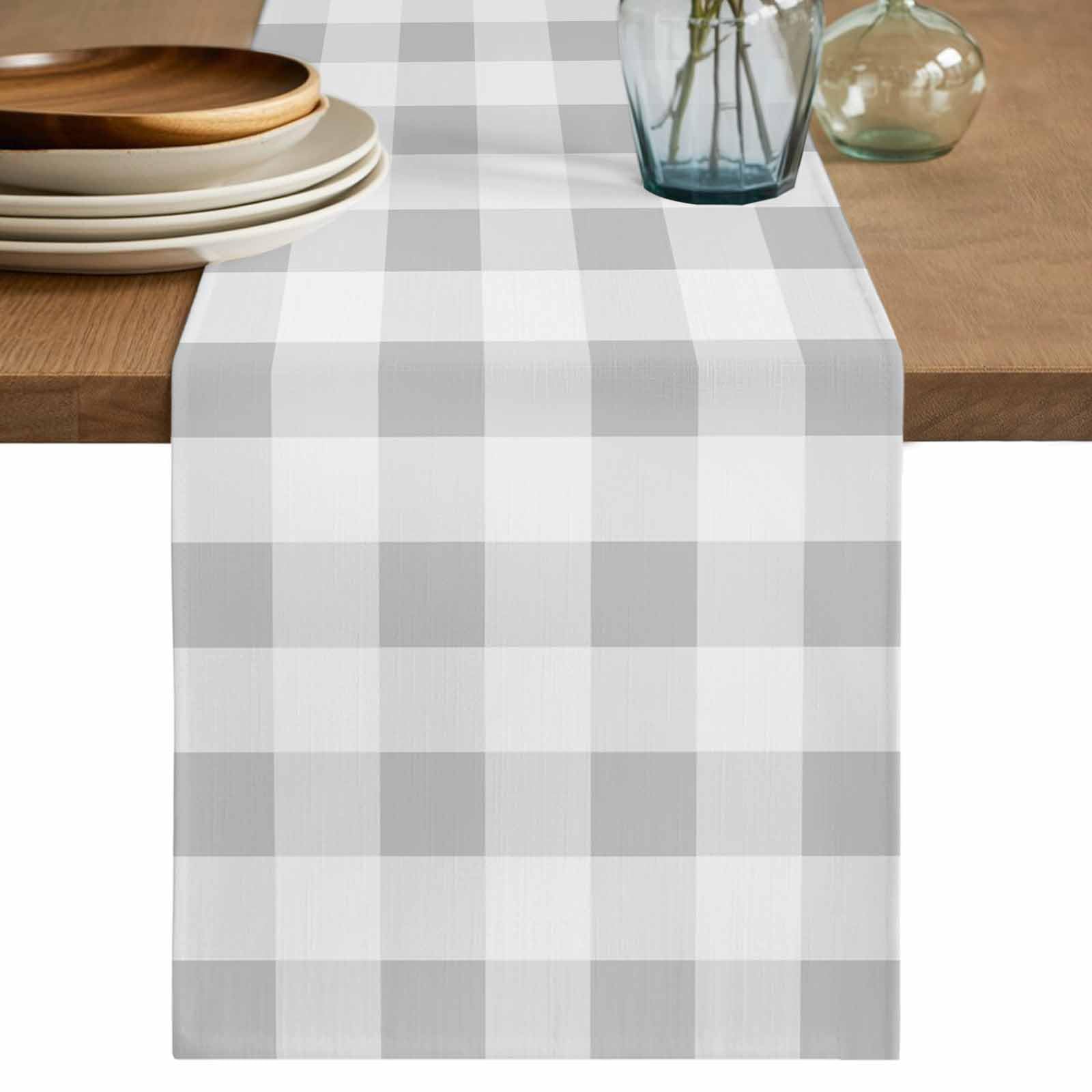 Light Grey White Plaid Table Runner 70 Inches Long Farmhouse Decoration Buffalo Check Linen Table Runner for Home Party Holiday Kitchen Dining Tables Decoration