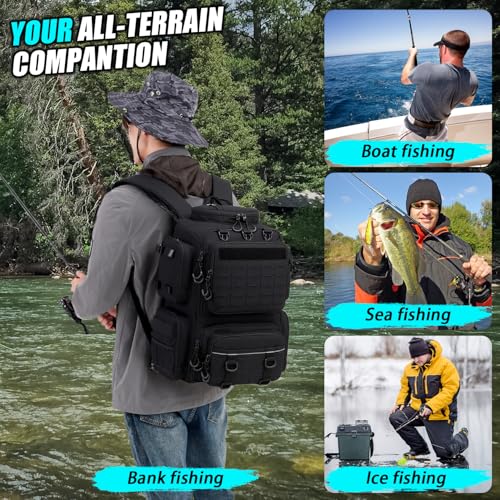 Image of Tactical Fishing Backpack with 4 Tackle Boxes, Rod Holders & Bottle Holder | 50 L Large Insulated Fishing Tackle Backpack with Cooler, Fishing Bag for Store Gear & Equipment