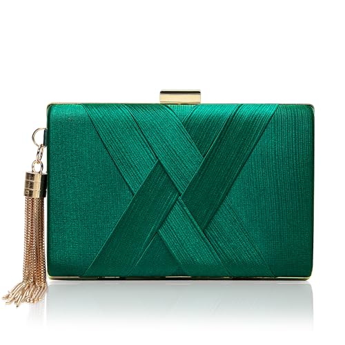 CARIEDO Damen-Abend-Handtasche, Clutch, Braut-Geldbörse, für Hochzeit, Abschlussball, Ausgehen, Party, Grün-Satin, Small, Elegante und edle Abend-Clutch