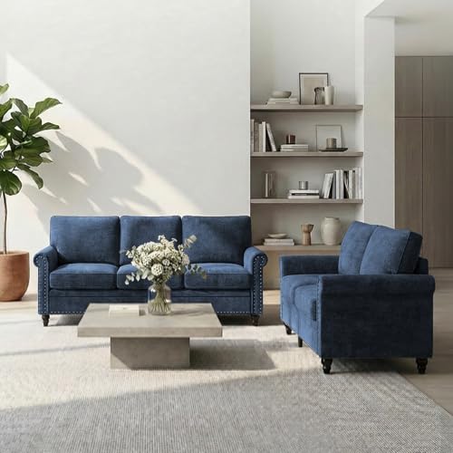 Image of ijuicy 2 PCS Sofa and Loveseat Set, Chenille Living Room Couches, Navy Blue | Modern Upholstered Sofa and Loveseat Living Room Furniture Sets with 6 inch Thicken Cushio, Nailhead Trim