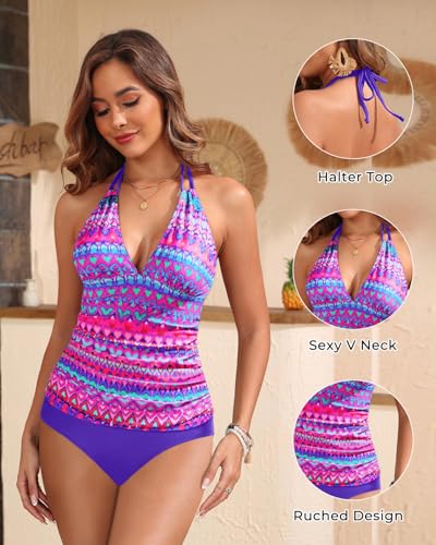 Image of Yonique Womens Two Piece Swimsuits Tummy Control Tankini Plus Size Bathing Suit Halter V Neck Swimwear