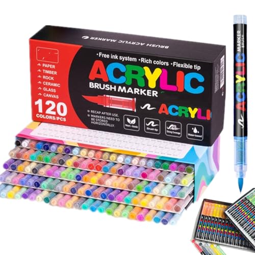 Straight Liquid Acrylic Marker,No Press Soft Brush Tip Paint Pen and Paint Markers,Quick-Drying Acrylic Coloring Pens for Wood, Stone, Canvas, Glass, Fabric, Egg, Rock Painting and DIY Crafts Art Supp