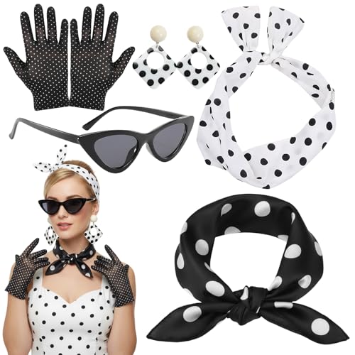 CJAPGJW 5-teiliges Set in Schwarz und Weiß 50er Jahre Outfit Damen, Rockabilly Damen, Rockabilly Kostüm Women, Vintage Karneval Accessoires, 60er...