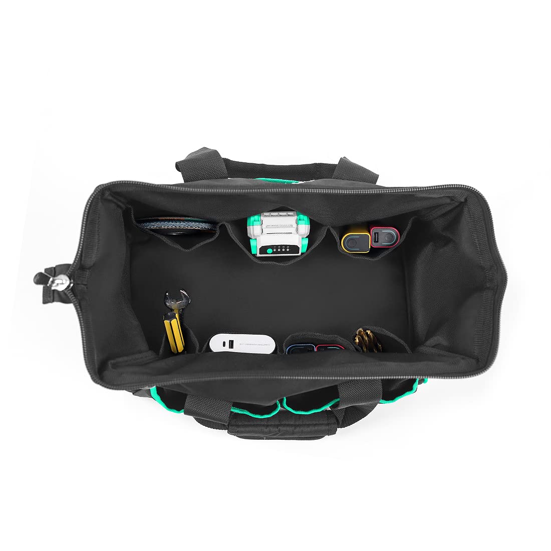 Litheli Sac à outils robuste de 40,6 cm, haut fermé, large ouverture, grand rangement, avec bandoulière réglable et 14 poches, noir