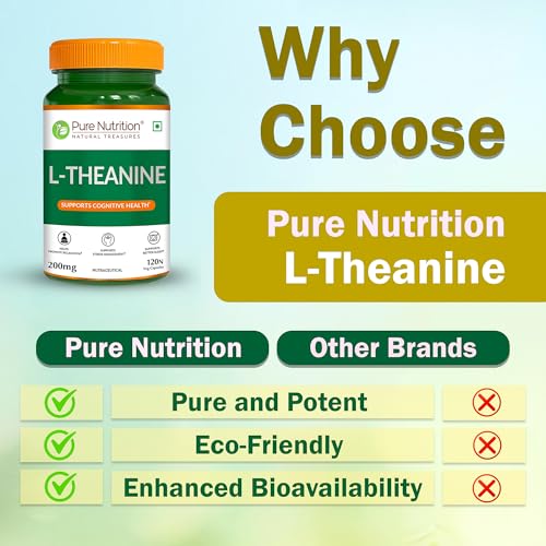 Image of Pure Nutrition L-Theanine 200mg - 120 Veg Capsules | L Theanine Supplement | Supports Stress Relief, Anxiety Reduction & Cognitive Health | Promotes Relaxation & Brain Function
